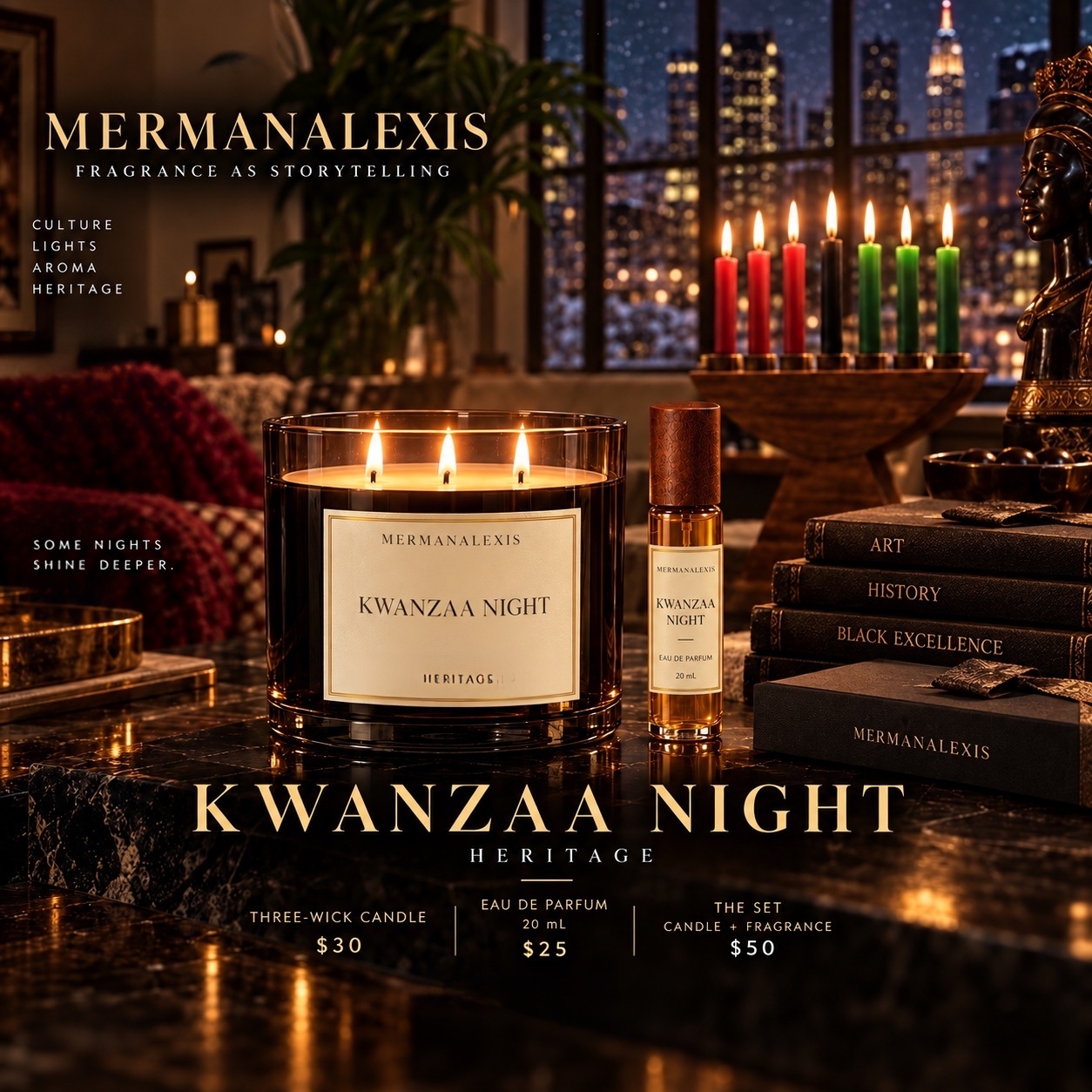 Kwanzaa Night candle and eau de parfum collection